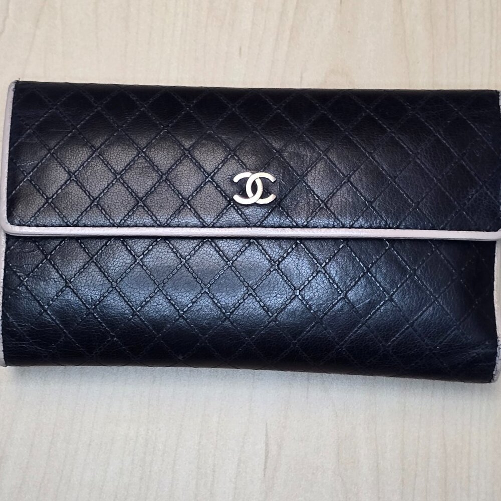 Authentic CHANEL Black Quilted Leather Long Flap Wallet - Silver Tone CC Logo